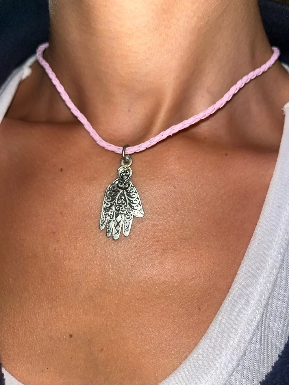 Silver & pink Hand of Fatima necklace - authentic Moroccan jewelry